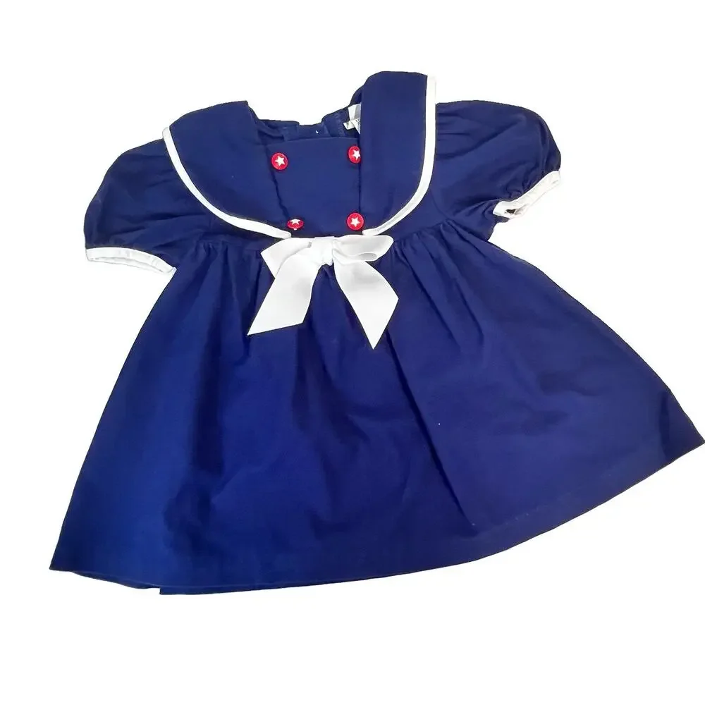 Vintage Girl's Dress Pretty As A Picture size 3T Navy Blue White Sailor Nautical